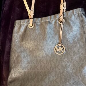 Michael Kors Shimmering Gray Tote with Beige Straps